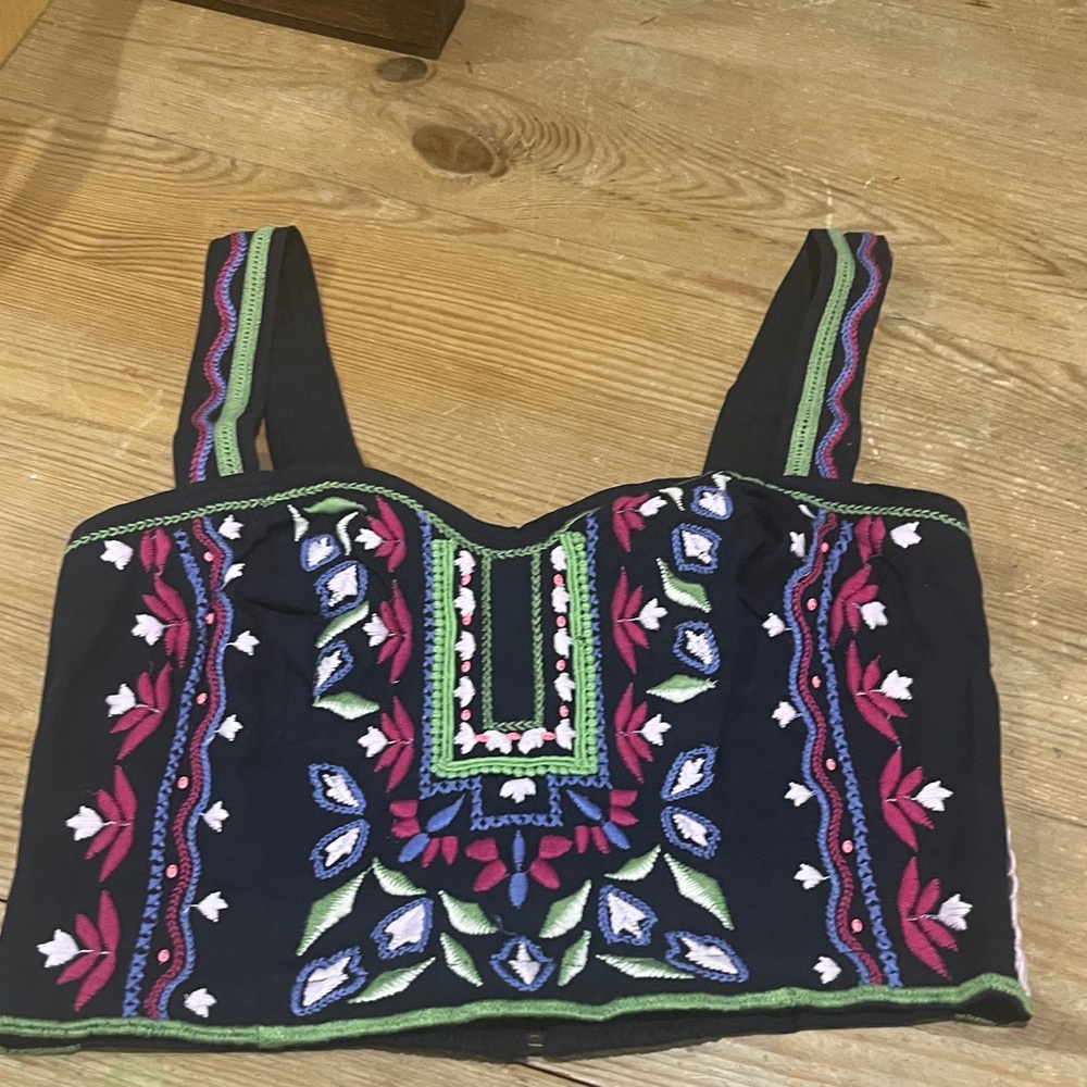 NWT Anthropologie Embroidered Black Crop Top